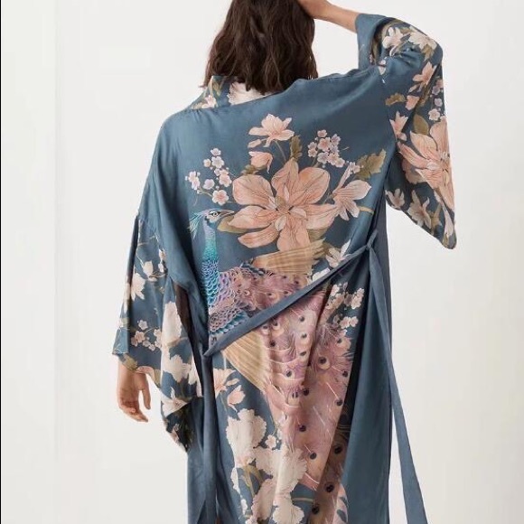 Boho Peacock Bird Of Paradise Kimono, Dusty Blue - Picture 4 of 10